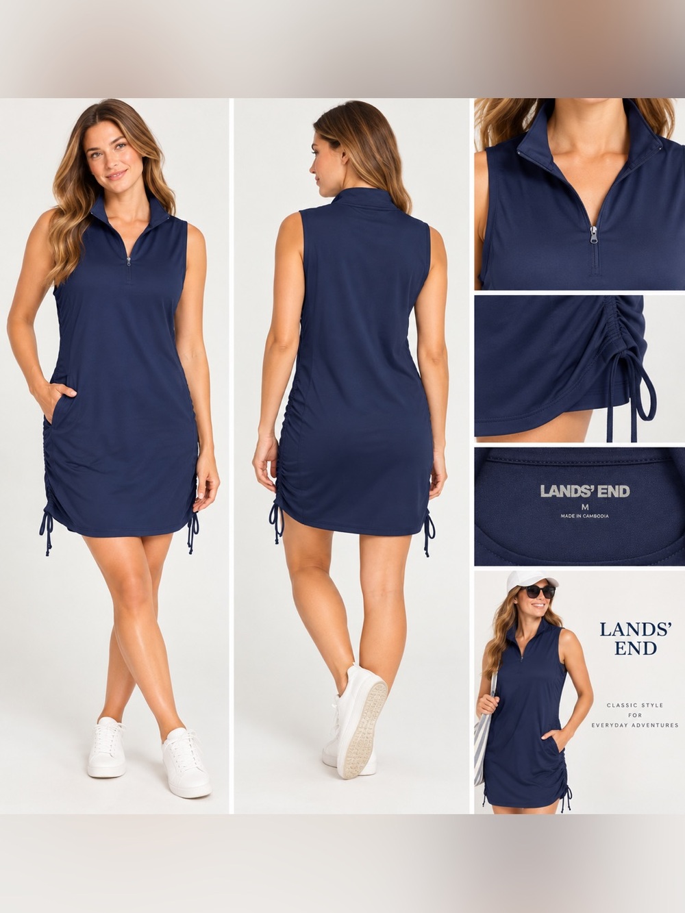 Lands’ End Navy Sleeveless Quarter-Zip Ruched Dress Size M NWT